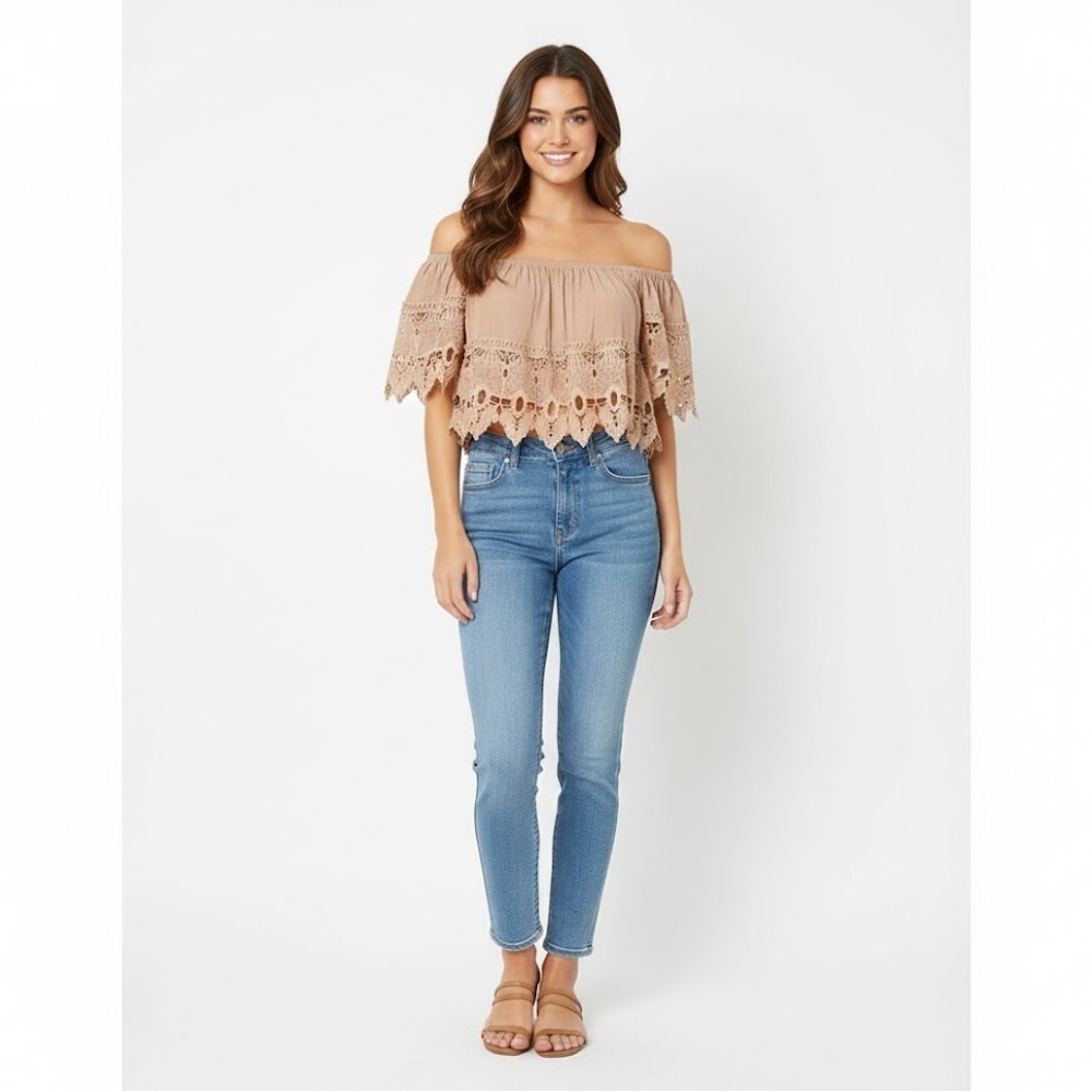 Tan Cropped Flutter Sleeve Blouse with Ruffles
